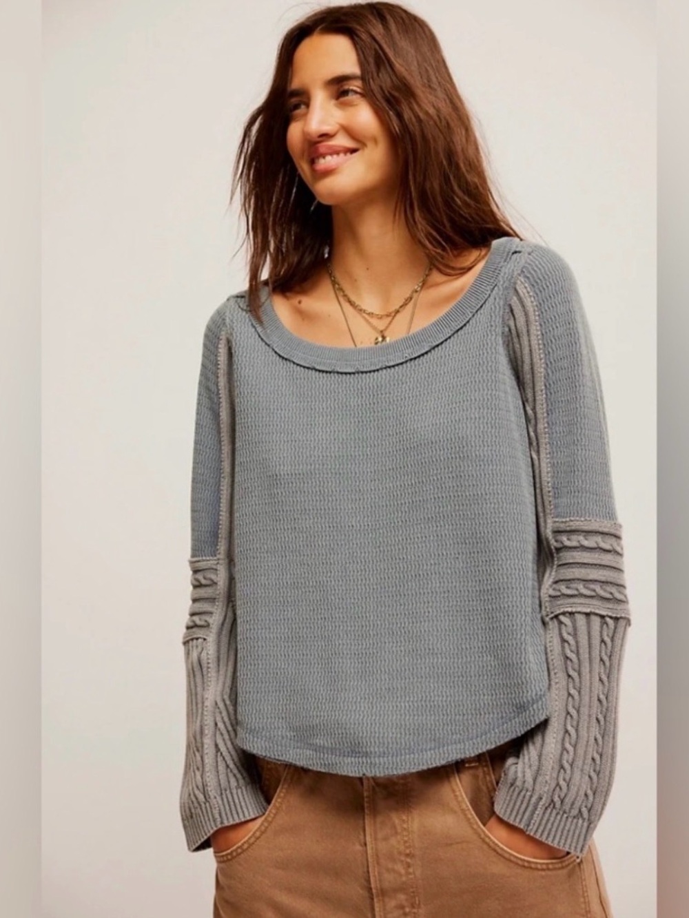 We The Free Light Blue Crewneck Sweater with Cable-Textured Sleeves